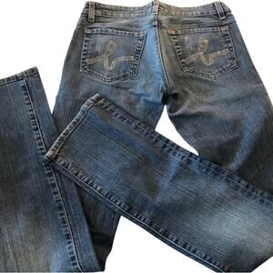 Y2K Bebe Women's Straight Leg Crystal Rhinestone‎ Logo Pockets Denim Jeans Sz 27
